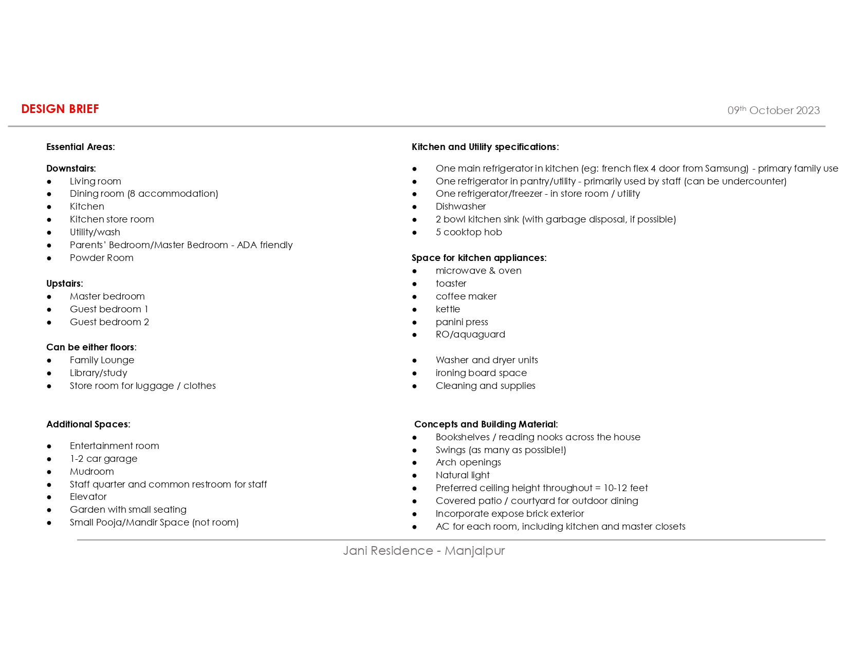 Design Brief - Jani Residence